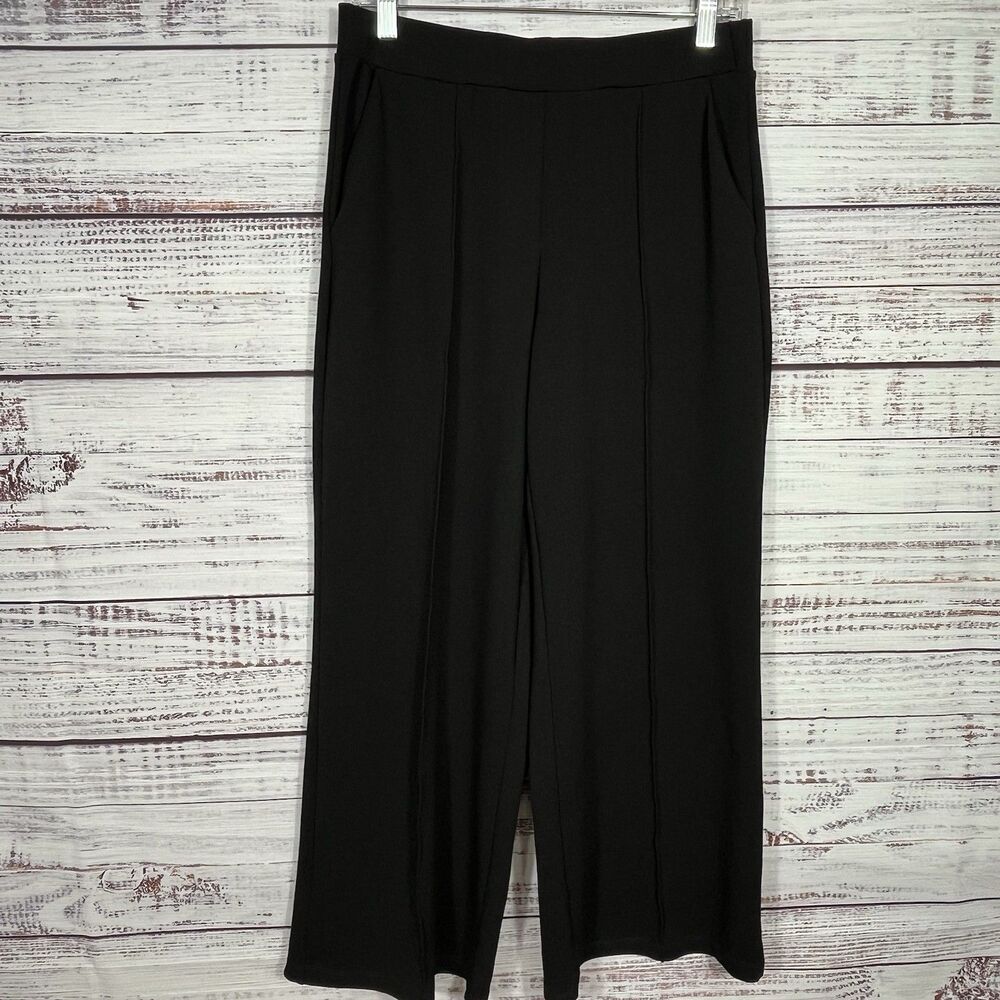 Saint + Sofia Trousers Size 8 Wide Leg Pull On Black Stretch Viscose Career